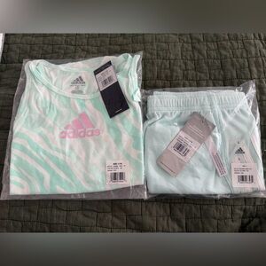 Adidas Ice Mint and white Striped tank Top and athletic shorts set.